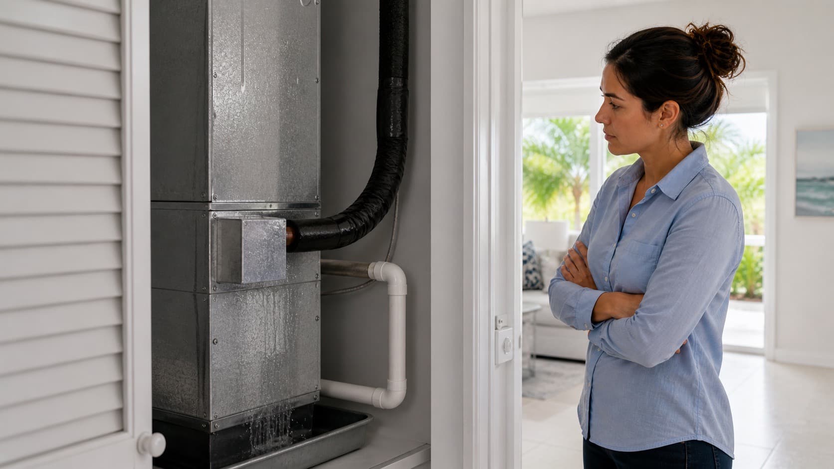 Homeowner looking at an indoor HVAC air handler